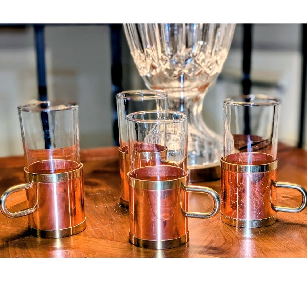 Set of Four Unmarked Beucler Vintage Copper & Brass Cork-Lined Irish Coffee Mugs